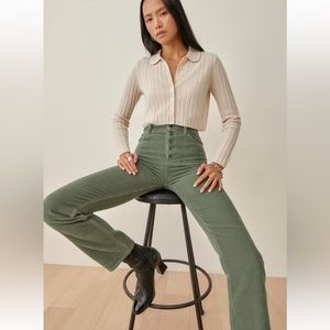 Reformation Cynthia fly high rise straight corduroy pants in Moss